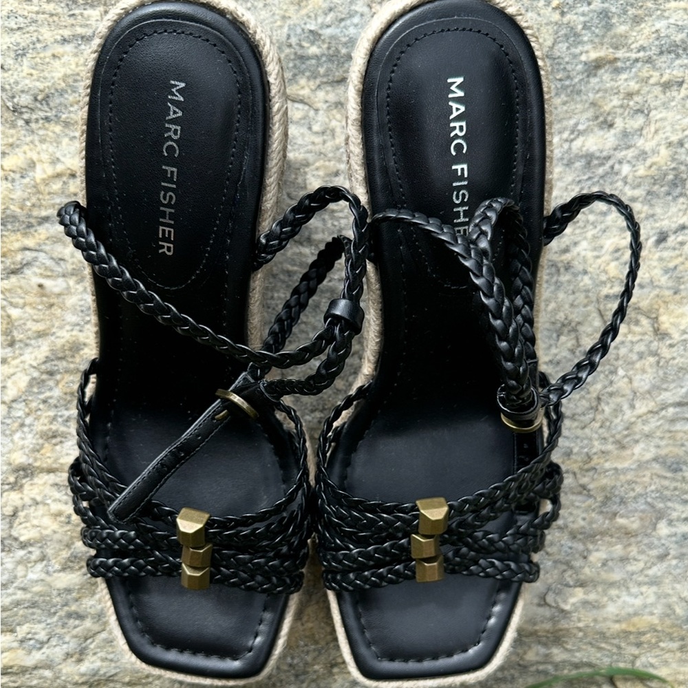Marc Fisher Black and Gold Espadrille Women's Ankle Strap Sandals